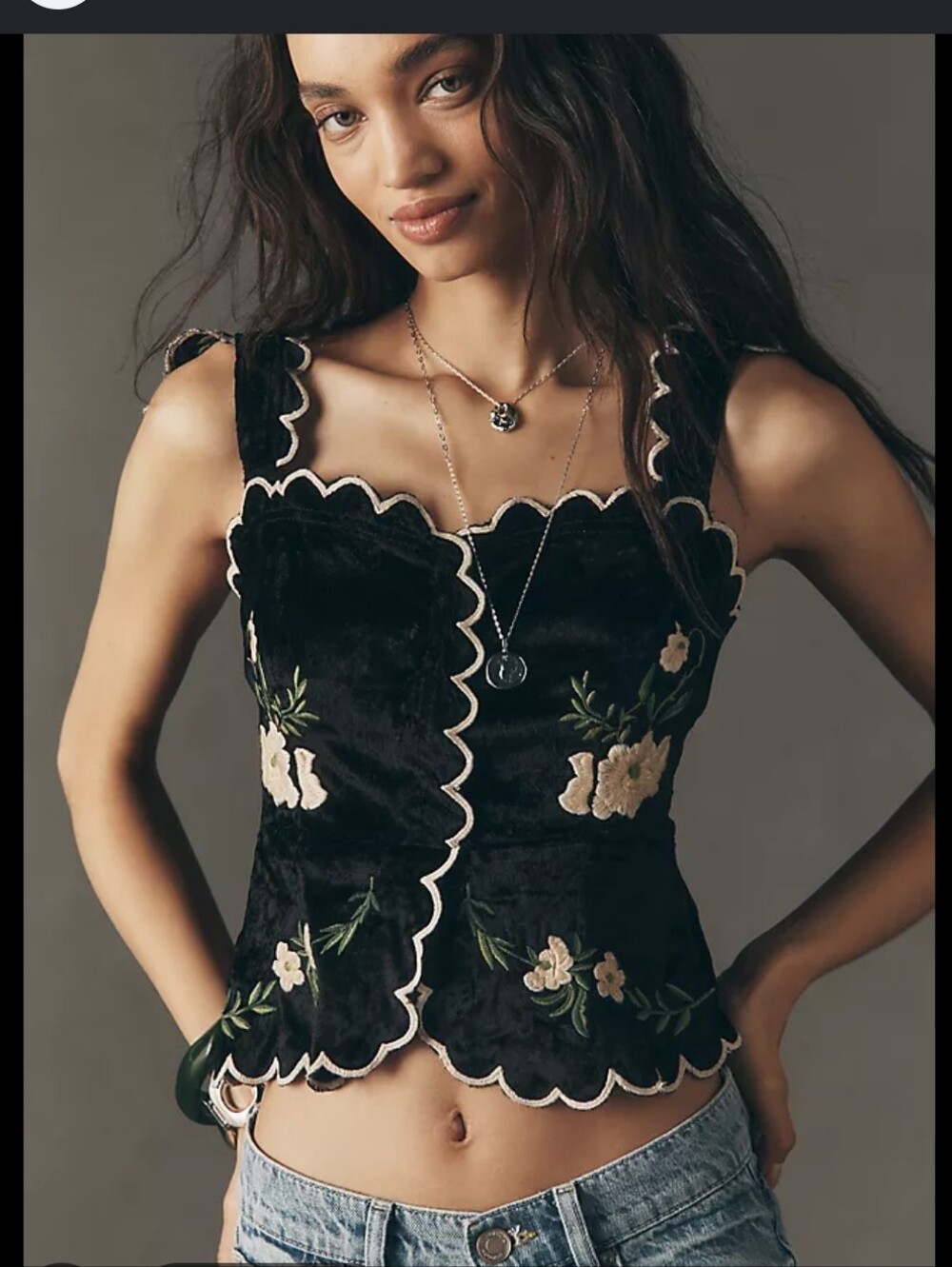 Embroidered Black Velvet Scallop-Edge Tank Top